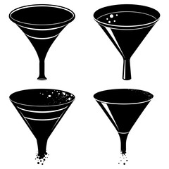 Four black and white funnel illustrations showing different filling stages and design variations