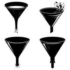 Four black and white funnel illustrations showing different stages of liquid pouring and filtering process
