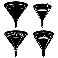 A set of four stylized black and white funnels filled with different substances and liquids