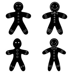 Four black gingerbread men with different designs on a white background for holiday season decor