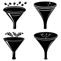 Four black funnels with different contents and actions on a white background illustration art