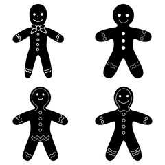 Collection of four black and white gingerbread men with different designs and details on a white background