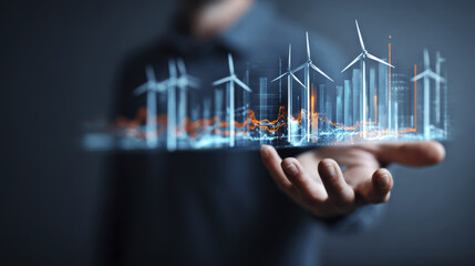 Wind turbine energy production renewable energy digital graph business analysis futuristic technology hand holding offshore wind farm data visualization sustainable power clean energy technology