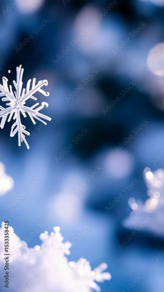 Poster macro photograph showcases the intricate details and crystalline structure of a single snowflake on 