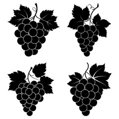 Four bunches of grapes with leaves in black and white silhouette style on a white background image art