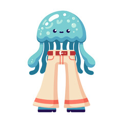 whimsical blue jellyfish character wearing beige bell-bottom pants with a red stripe and belt. Websites/blogs can use this for marine life, fashion, or humorous content.