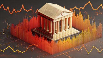 Classical bank building model surrounded by colorful digital financial graphs and charts representing economic analysis and inflation metrics in modern digital context