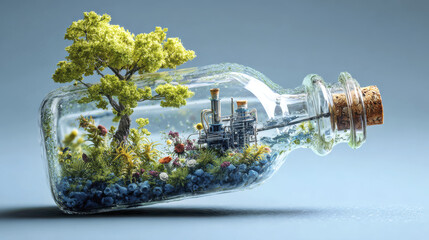 Miniature tree and industrial plant inside glass bottle with cork, surrounded by flowers and blueberries, symbolizing biotech innovation and environmental balance