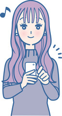 スマホを見ている笑顔の女性のイラスト