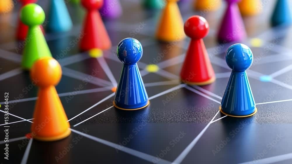 Poster colorful game pieces on connection lines, symbolizing network, teamwork, strategy, communication and