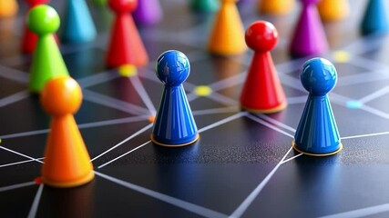 Colorful game pieces on connection lines, symbolizing network, teamwork, strategy, communication and connection concept. Connection and network concept with game pieces. - Powered by Adobe