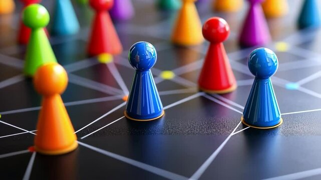 Colorful game pieces on connection lines, symbolizing network, teamwork, strategy, communication and connection concept. Connection and network concept with game pieces.