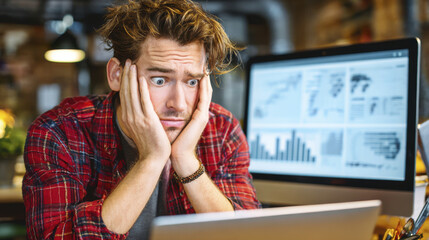 Young man in red plaid shirt looking stressed while working on laptop with digital charts on desktop screen in background, showing concern and frustration in cozy workspace