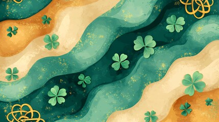 Colorful abstract design with green clovers and wavy patterns in gold and teal hues.