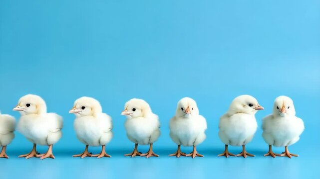 Several small fluffy chicks stand in a line on a blue background looking at the camera. Domestic animal farm poultry chicks in a row.