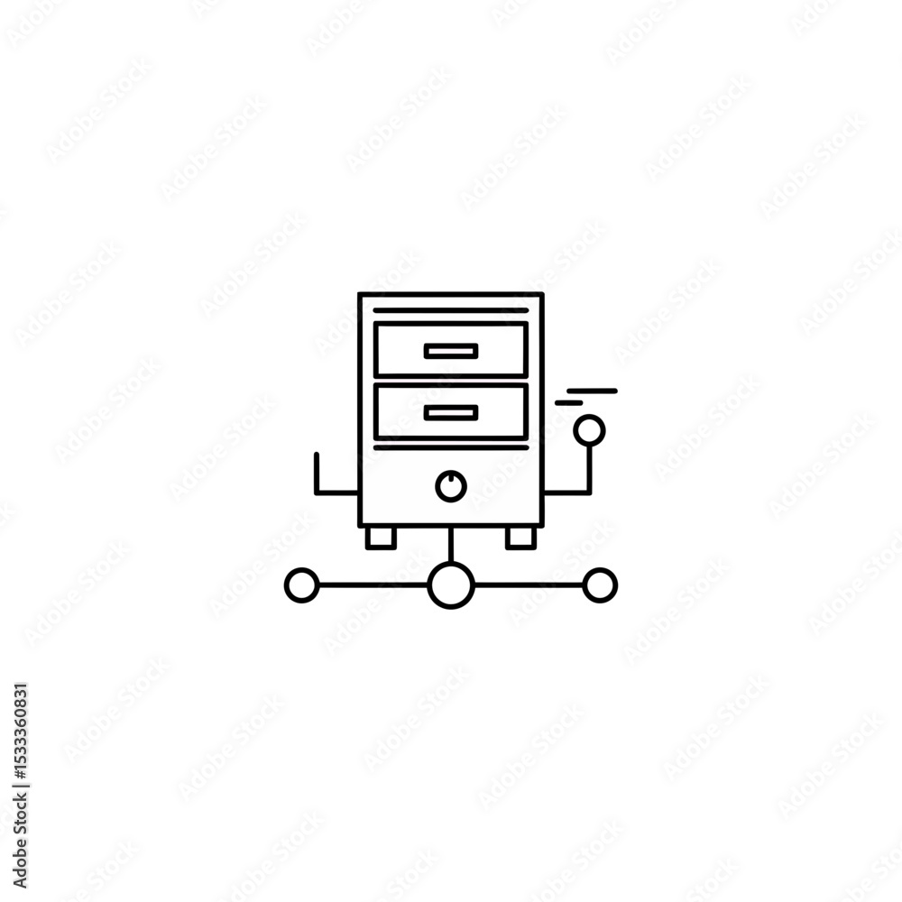 Poster data server network connection outline icon, minimalist rack server hosting, data storage, internet 