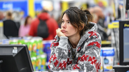 Young woman in patterned sweater waiting at checkout counter looking thoughtful and concerned in busy store with blurred shoppers in background