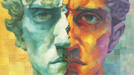Colorful artistic painting of classical statue face split into two contrasting halves, one in cool blue green tones and other in warm orange red hues, expressing tension and duality