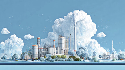 Industrial factory with large chimneys emitting white smoke under clear blue sky, surrounded by trees and greenery, illustrating carbon capture and climate technology