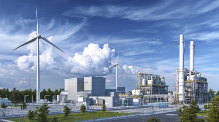 Carbon capture facility with wind turbine renewable energy integration under blue sky with clouds, showing industrial structures and green landscape in bright daylight