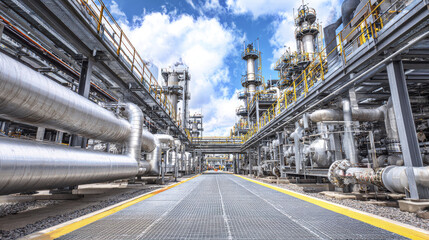 Industrial chemical plant with large metal pipes and towers under bright blue sky with clouds, showcasing complex infrastructure and technology for processing
