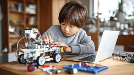 Child building robotics kit with laptop at wooden table focused on assembling electronic parts in cozy room