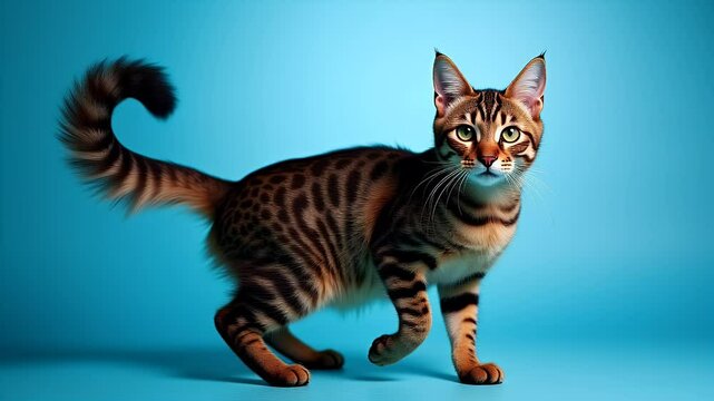 Full Body Portrait of a Short-Tailed Domestic Cat on a Plain Blue Backdrop