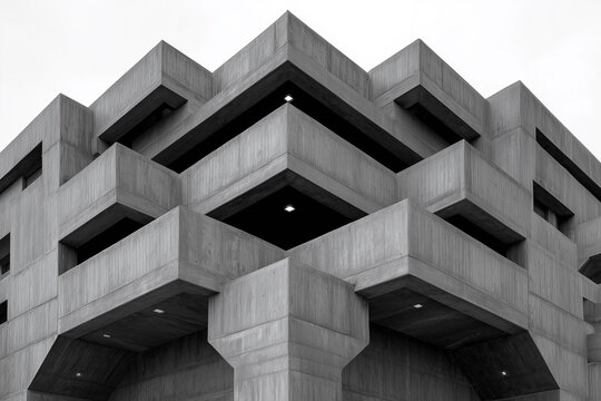 Brutalist Architecture Concrete Building Exterior in Monochrome Angular Geometric Design