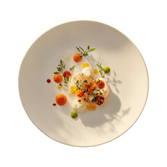Artistic dish with colorful sauces garnishes and gourmet ingredients