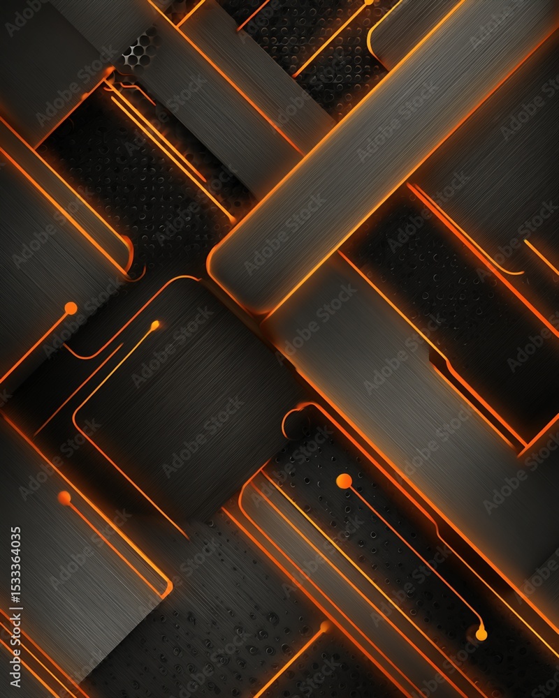 Poster abstract intersecting metallic rectangles with orange illumination