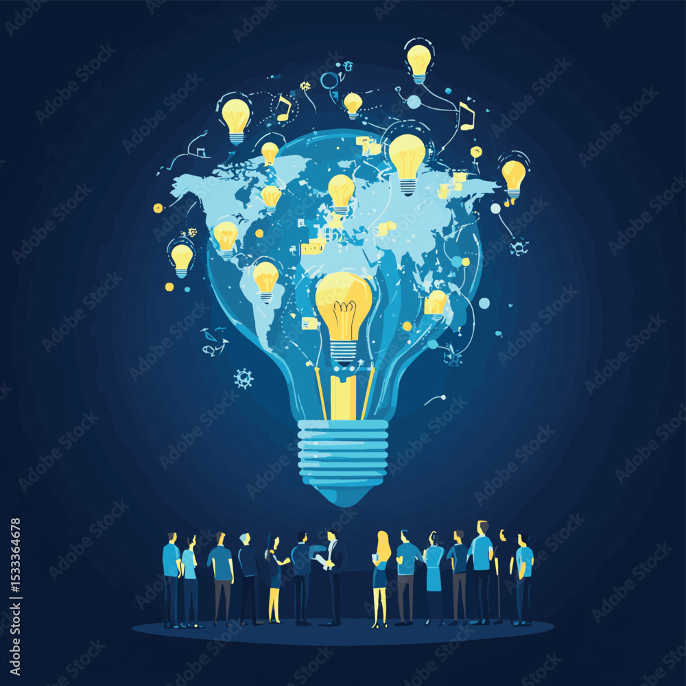 Poster business team with innovation networking and creative lightbulb in world shape. inspiration and solu