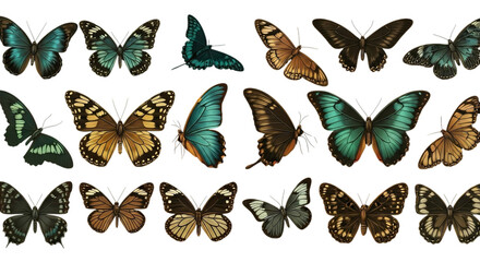 A collection of various butterfly species with different wing patterns on a black background