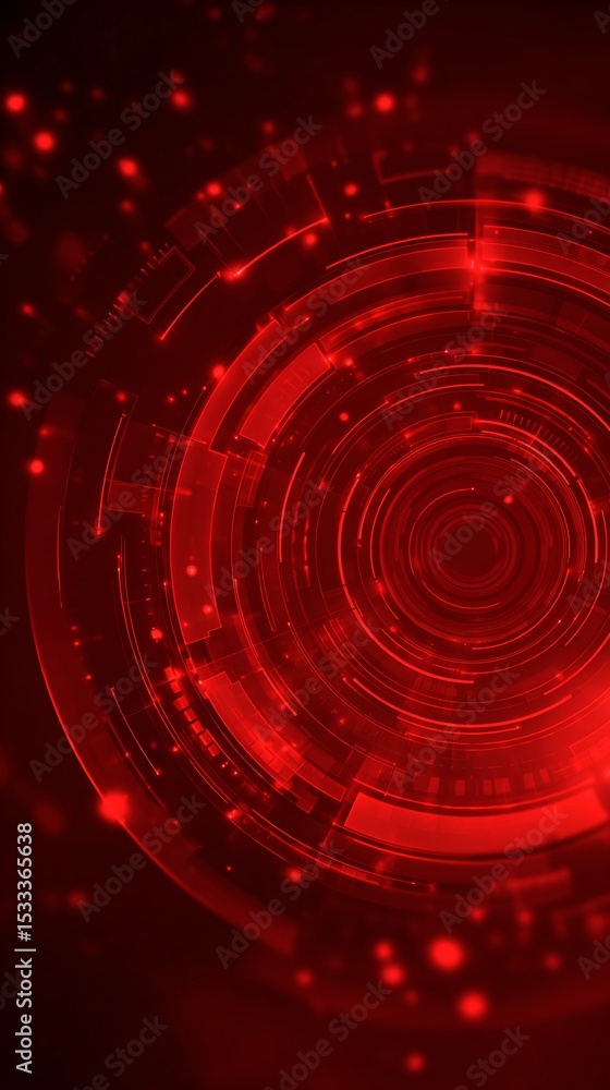 Poster abstract red concentric circles with geometric elements and glowing particles