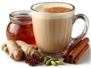 A warm cup of chai latte sits beside ginger, cardamom, cinnamon sticks, honey, and star anise spices.