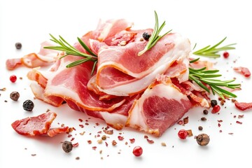 Fresh Slices of Cured Meat with Herbs and Spices on White Background