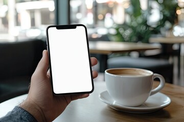 Detailed Visual  of a Persons Hand Holding Cellphone Over the Laptop with Coffee Cup
