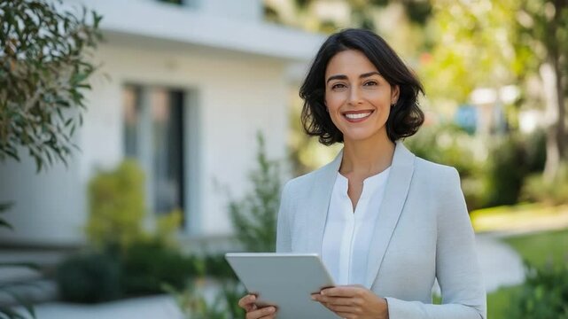 A Confident Realtor: A professional real estate agent, radiant and poised, stands before a picturesque property, embodying the spirit of service, professionalism, and success.
