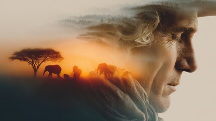 Double exposure art capturing the spirit of conservation through a man's profile and a vibrant savannah landscape at golden hour