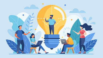 People brainstorming around a large lightbulb idea