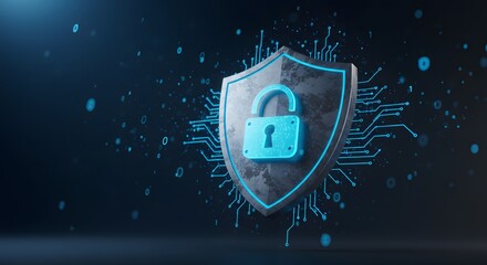 Digital Shield: An imposing shield overlaid with an illuminated lock, set against a high-tech digital backdrop, symbolizing robust cybersecurity and secure information.