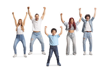 Obraz premium Happy boy smiling and raising arms and young people cheering