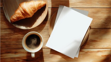 blank white flyer on wooden cafe table with coffee cup and croissant nearby, top-down flat lay view