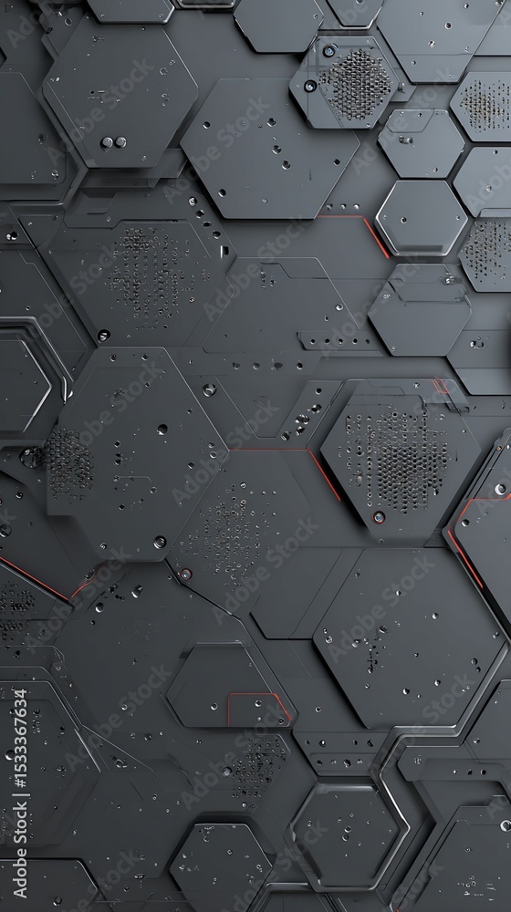 Poster dark gray hexagonal grid pattern with red accents
