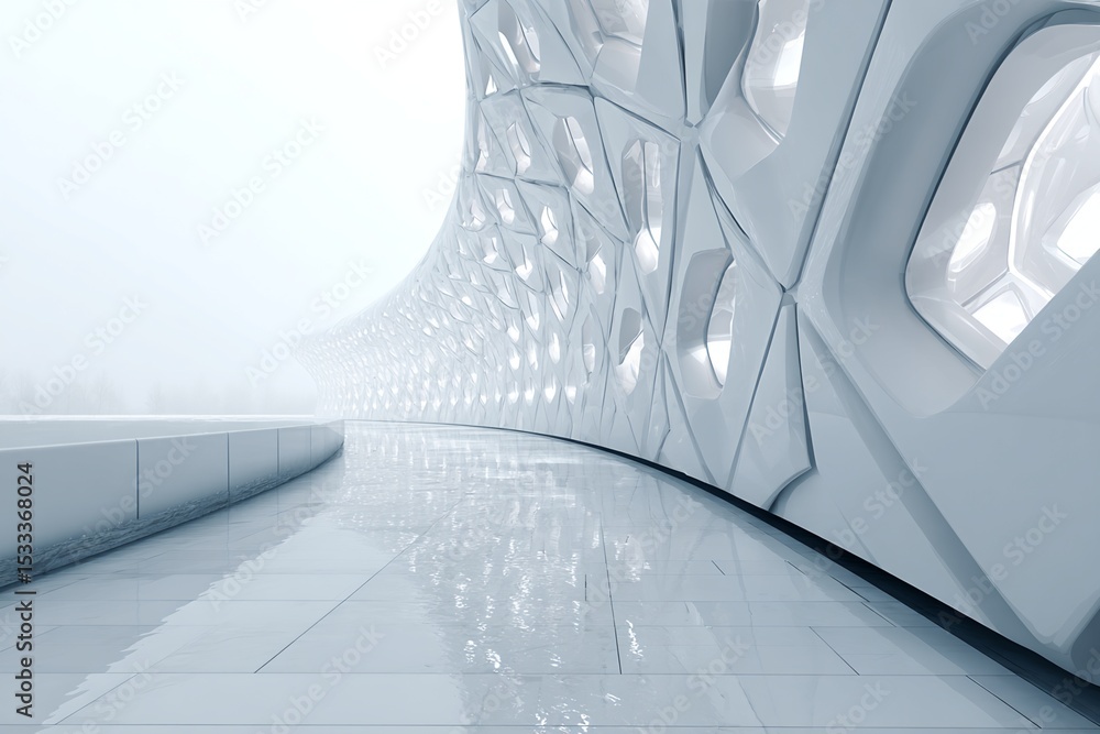 Poster digital rendering of a curved walkway with geometric white wall