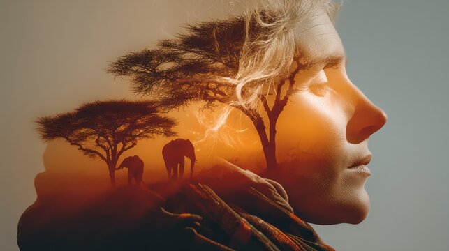 Women's passion for conservation shines through vibrant savannah landscape in emotional double exposure