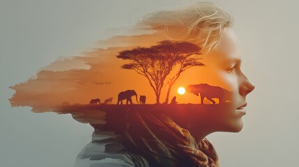 Embracing the wild spirit of Africa with a conservationist against a savannah backdrop of dawn