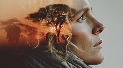 Double exposure of a woman and savannah wildlife embodies the spirit of conservation during golden hour