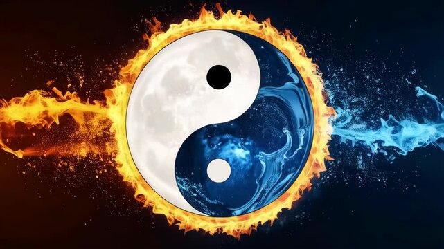 Rotating animated yin yang symbol featuring fire on one side and water on the other, conveying balance, harmony, and contrast.