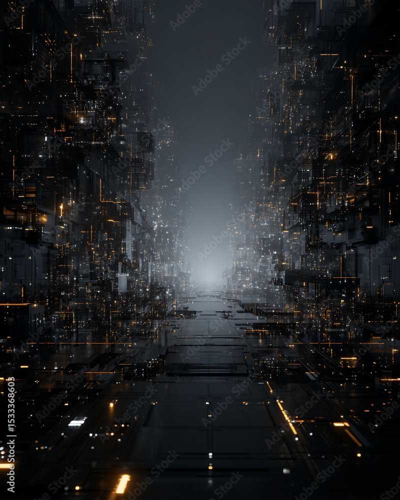 Poster digital rendering of futuristic cityscape with illuminated pathways