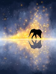 Surreal journey through a golden dreamscape with a solitary elephant amidst twinkling stars